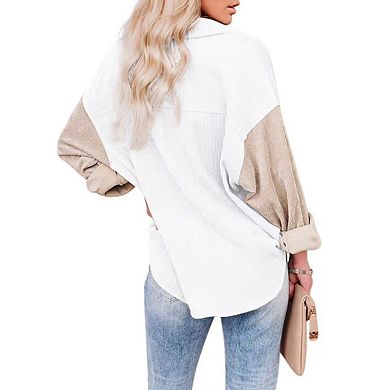 Womens Corduroy Shirt Long Sleeve Oversized Button Up V Neck Blouses Tops Loose Shacket Jacket
