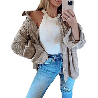 Womens Corduroy Shirt Long Sleeve Oversized Button Up V Neck Blouses Tops Loose Shacket Jacket