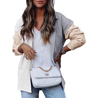 Womens Corduroy Shirt Long Sleeve Oversized Button Up V Neck Blouses Tops Loose Shacket Jacket