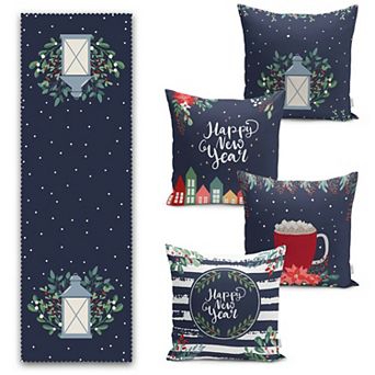 Christmas Table Runner and Throw Pillow Covers Decorative 5 pc Set for Holiday