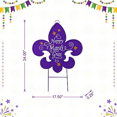 Glitzhome 24"H Mardi Gras Yard Stake, Metal Fleur-de-Lis Yard Sign with Stake