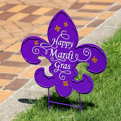 Glitzhome 24"H Mardi Gras Yard Stake, Metal Fleur-de-Lis Yard Sign with Stake