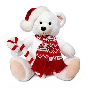 Snowy the Polar Bear Plushie, Cute Kids’ 12" Christmas Stuffed Toy, Santa Hat and Candy Cane