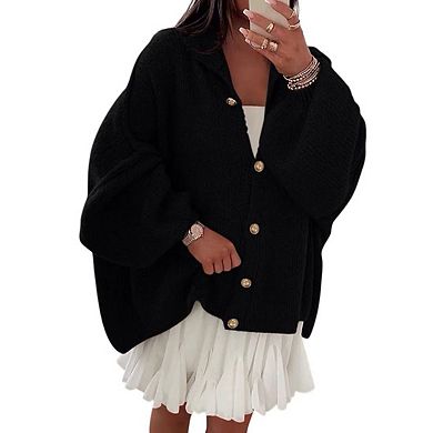 Womens Oversized Cardigans Long Lantern Sleeve Button Down Chunky Knit Loose Fall Sweater Coats