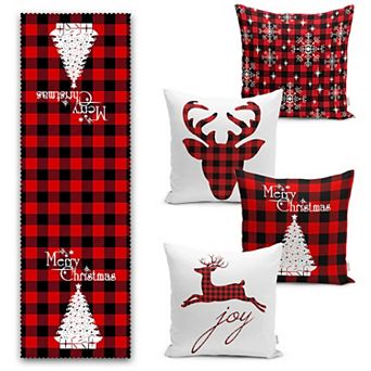 Christmas Decorative 5 pc Table Runner and Throw Pillow Covers Set, Perfect for Dining Room