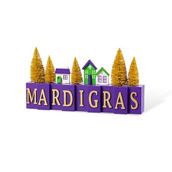 Glitzhome 14"L Mardi Gras Table Decor, Wooden House/Brush Trees Tabletop Centerpiece