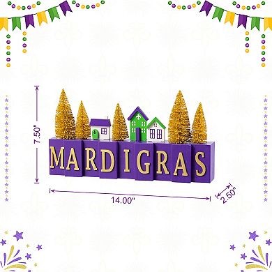 Glitzhome 14"L Mardi Gras Table Decor, Wooden House/Brush Trees Tabletop Centerpiece