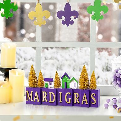 Glitzhome 14"L Mardi Gras Table Decor, Wooden House/Brush Trees Tabletop Centerpiece
