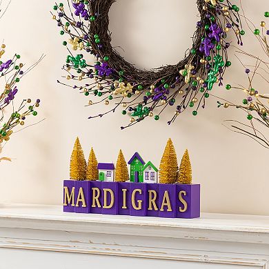 Glitzhome 14"L Mardi Gras Table Decor, Wooden House/Brush Trees Tabletop Centerpiece