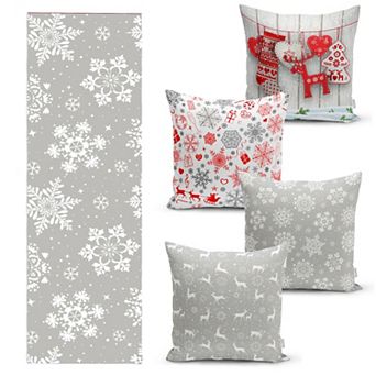 Christmas Table Runner and Throw Pillow Covers Decorative 5 pc Set for Holiday Dining Room