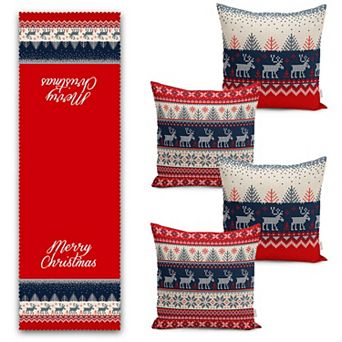 Christmas Table Runner and Throw Pillow Covers 5 pc Set, Great for Holiday Dining or Living Room