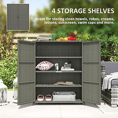Outsunny Wicker Outdoor Storage Cabinet with Shelves, 2 Doors,