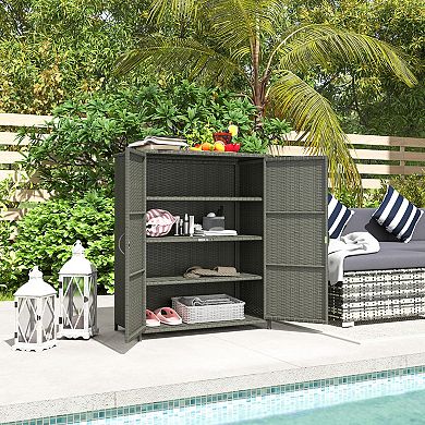 Outsunny Wicker Outdoor Storage Cabinet with Shelves, 2 Doors,