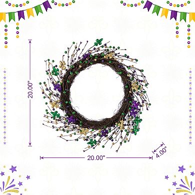 Glitzhome 20"D Mardi Gras Berry & Fleur-de-Lis Wreath, Decorative Wreath Hanging Sign for Front Door