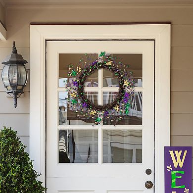 Glitzhome 20"D Mardi Gras Berry & Fleur-de-Lis Wreath, Decorative Wreath Hanging Sign for Front Door