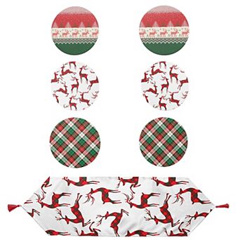 Christmas Round Placemat and Runner Set, Perfect for Holiday, Christmas Decoration 7 pc Set