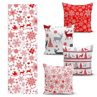 Christmas Table Runner and Throw Pillow Covers 5 pc Set, Perfect for Dining or Living Room
