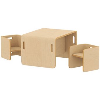 Qaba Kids Table and Chair Set, Wooden Activity Table with Chairs, Natural