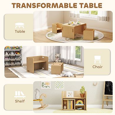 Qaba Kids Table and Chair Set, Wooden Activity Table with Chairs, Natural