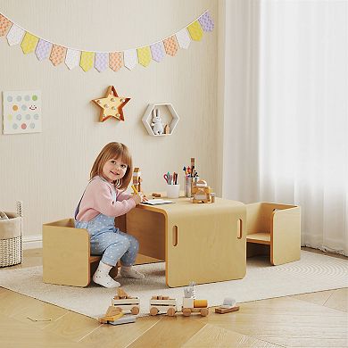 Qaba Kids Table and Chair Set, Wooden Activity Table with Chairs, Natural
