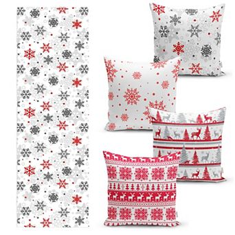 Christmas Table Runner and Throw Pillow Covers 5 pc Set, Great for Dining Room