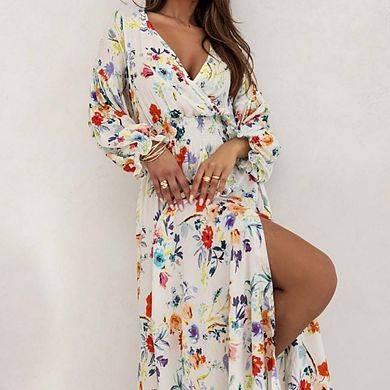 Womens Long Sleeve Boho Floral Deep V Neck Empire Waist Slit A Line Flowy Wedding Guest Maxi Dresses