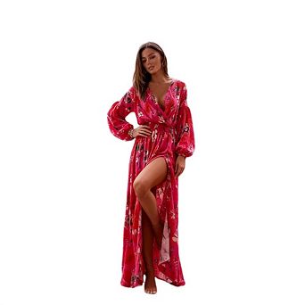 Womens Long Sleeve Boho Floral Deep V Neck Empire Waist Slit A Line Flowy Wedding Guest Maxi Dresses