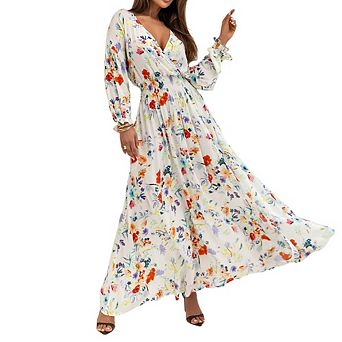 Womens Long Sleeve Boho Floral Deep V Neck Empire Waist Slit A Line Flowy Wedding Guest Maxi Dresses