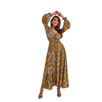 Womens Long Sleeve Boho Floral Deep V Neck Empire Waist Slit A Line Flowy Wedding Guest Maxi Dresses