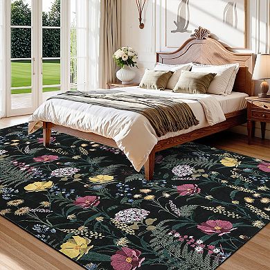 Floral Machine Washable Rug with Non Slip Backing Farmhouse Stain Resistant Foldable Carpet