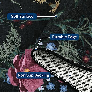 Floral Machine Washable Rug with Non Slip Backing Farmhouse Stain Resistant Foldable Carpet