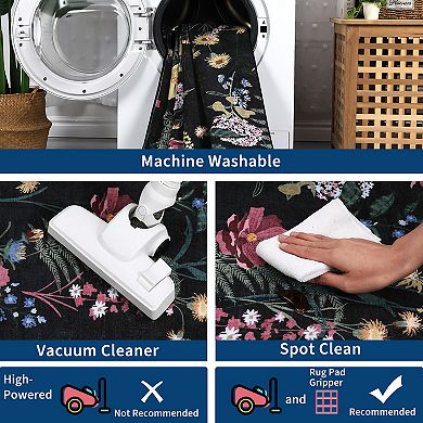 Floral Machine Washable Rug with Non Slip Backing Farmhouse Stain Resistant Foldable Carpet