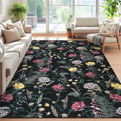 Floral Machine Washable Rug with Non Slip Backing Farmhouse Stain Resistant Foldable Carpet