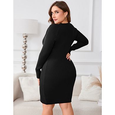 Women's Plus Size Knit Sweater Dress With Adjustable Drawstring Long Sleeve Bodycon Knit Dresses