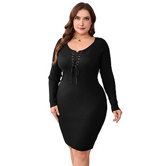 Women's Plus Size Knit Sweater Dress With Adjustable Drawstring Long Sleeve Bodycon Knit Dresses