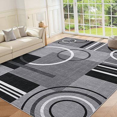 Modern Geometric Machine Washable Non-Slip Rug, Non-Shedding Foldable Low Pile Indoor Floor Mat
