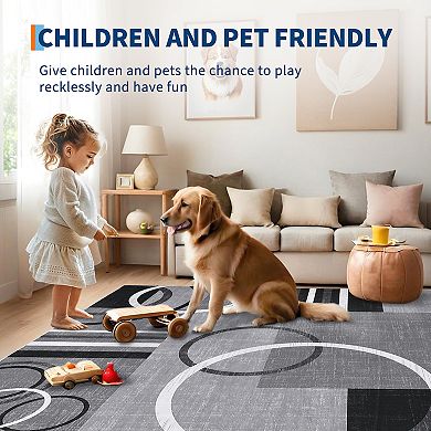 Modern Geometric Machine Washable Non-Slip Rug, Non-Shedding Foldable Low Pile Indoor Floor Mat