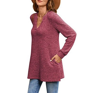 Womens Casual Long Sleeve V Neck Slit Side Lightweight Knit Sweaters Loose Fit Plus Size Tunic Tops