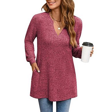 Womens Casual Long Sleeve V Neck Slit Side Lightweight Knit Sweaters Loose Fit Plus Size Tunic Tops