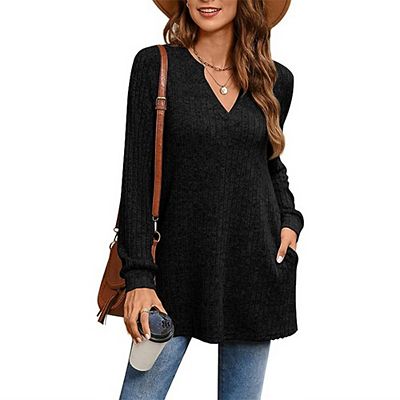 Womens Casual Long Sleeve V Neck Slit Side Lightweight Knit Sweaters Loose  Fit Plus Size Tunic Tops
