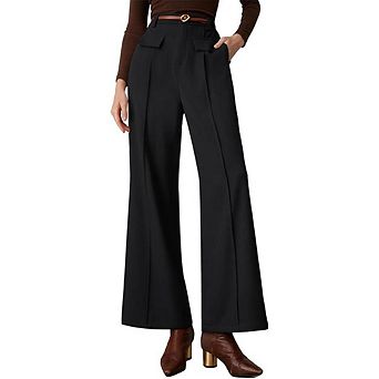Womens Wide Leg Pants Business Casual High Waisted Button Pleated Work Trousers Bootcut Dressy Pants