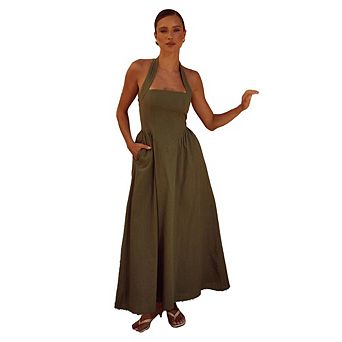 Womens Summer Sleeveless Halter Midi Dress Off Shoulder High Waist Swing Flowy Beach Long Dresses