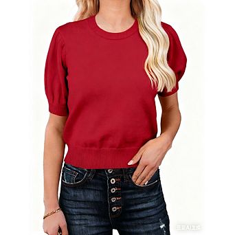 Womens Puff Short Sleeve Sweater Tops Crewneck Basic Knit Pullover Solid Casual Sweaters Blouse