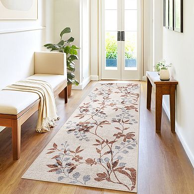 Floral Machine Washable Area Rug with Rubber Backing for Living Room Botanical Soft Non-Slip Carpet