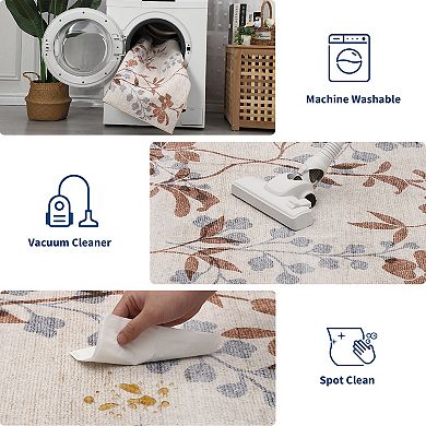 Floral Machine Washable Area Rug with Rubber Backing for Living Room Botanical Soft Non-Slip Carpet