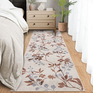 Floral Machine Washable Area Rug with Rubber Backing for Living Room Botanical Soft Non-Slip Carpet