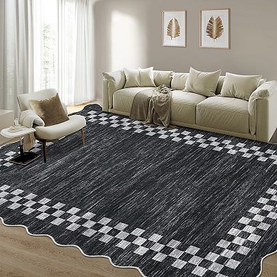 Scalloped Bordered Solid Machine Washable Area Rugs for Living Room Non-Slip Stain Resistant Carpet