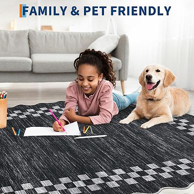 Scalloped Bordered Solid Machine Washable Area Rugs for Living Room Non-Slip Stain Resistant Carpet