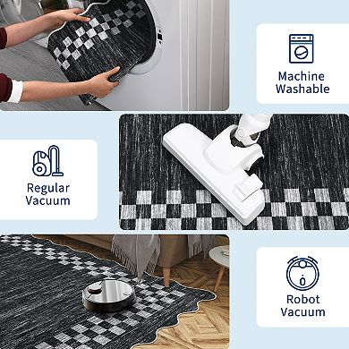 Scalloped Bordered Solid Machine Washable Area Rugs for Living Room Non-Slip Stain Resistant Carpet