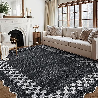 Scalloped Bordered Solid Machine Washable Area Rugs for Living Room Non-Slip Stain Resistant Carpet